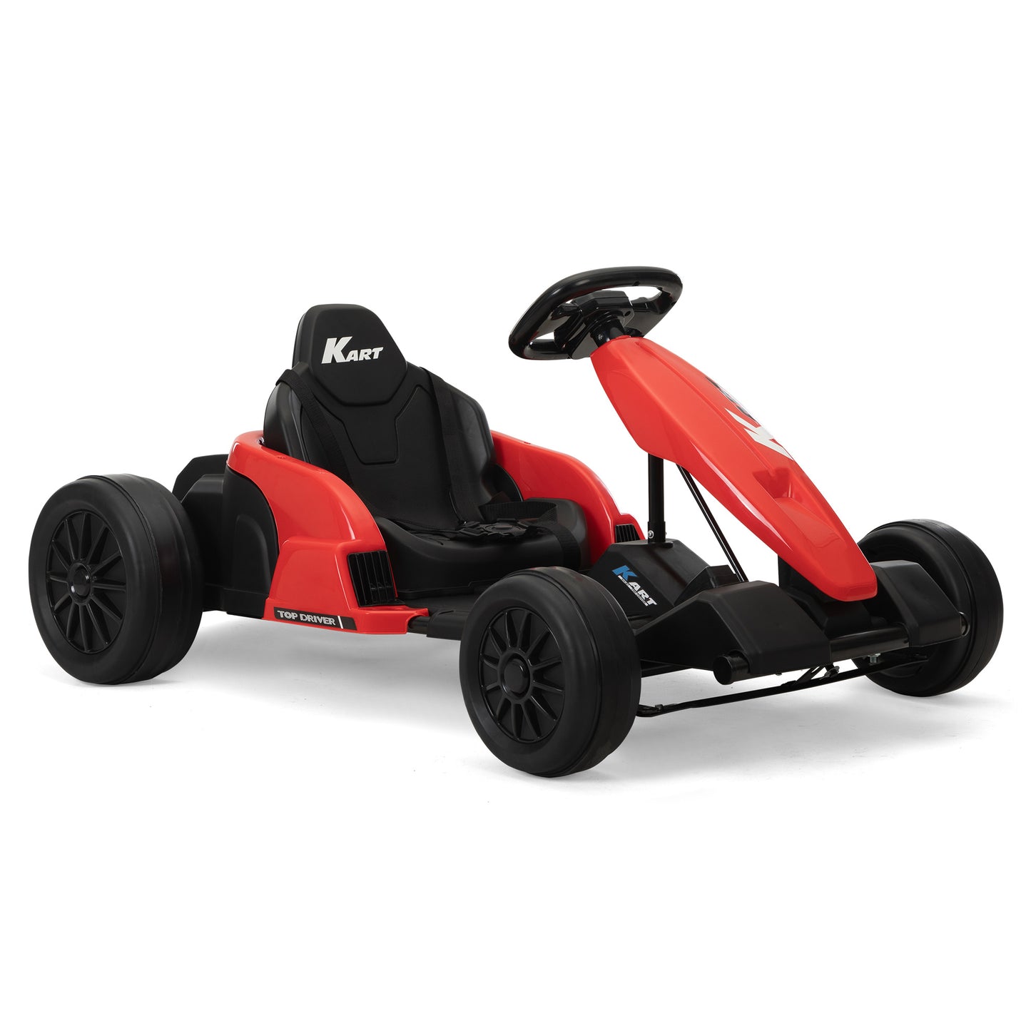 24V Electric Kids Go Kart, Battery Powered Outdoor Ride On Toy w/ 5 mph Max Speed, Music, Horn, Power Display, Protectors, Red and Black Doba