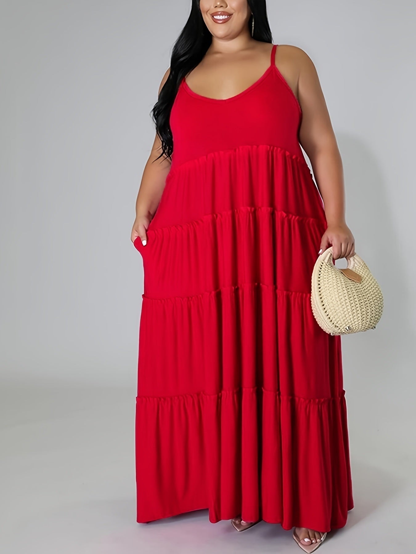 Plus Size Solid Layered Loose Fit Cami Maxi Dress; Women's Plus Sexy High Stretch Long Cami Dress Doba