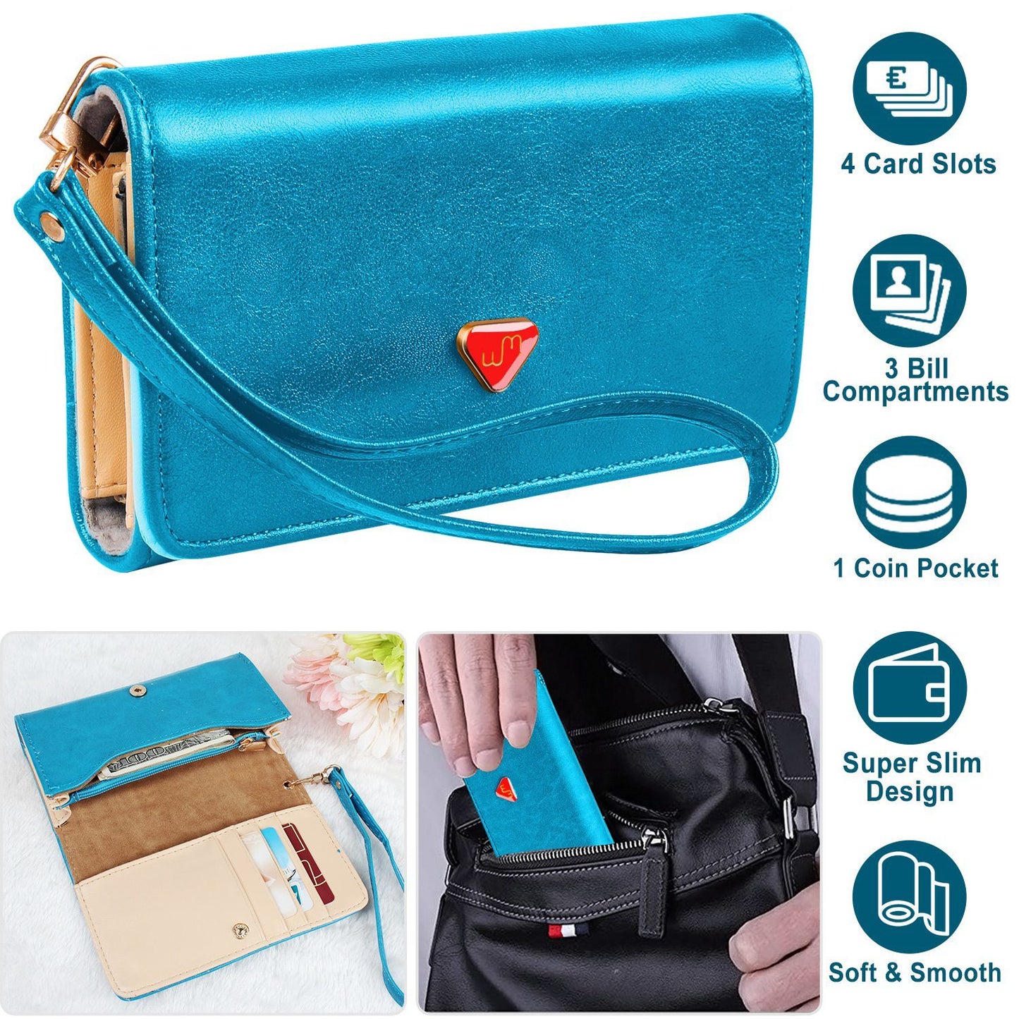 Women Wristlet Wallet PU Leather Lady Purse Credit Card Holder 4 Card Slots 3 Money Pouches 1 Coin Pocket Doba