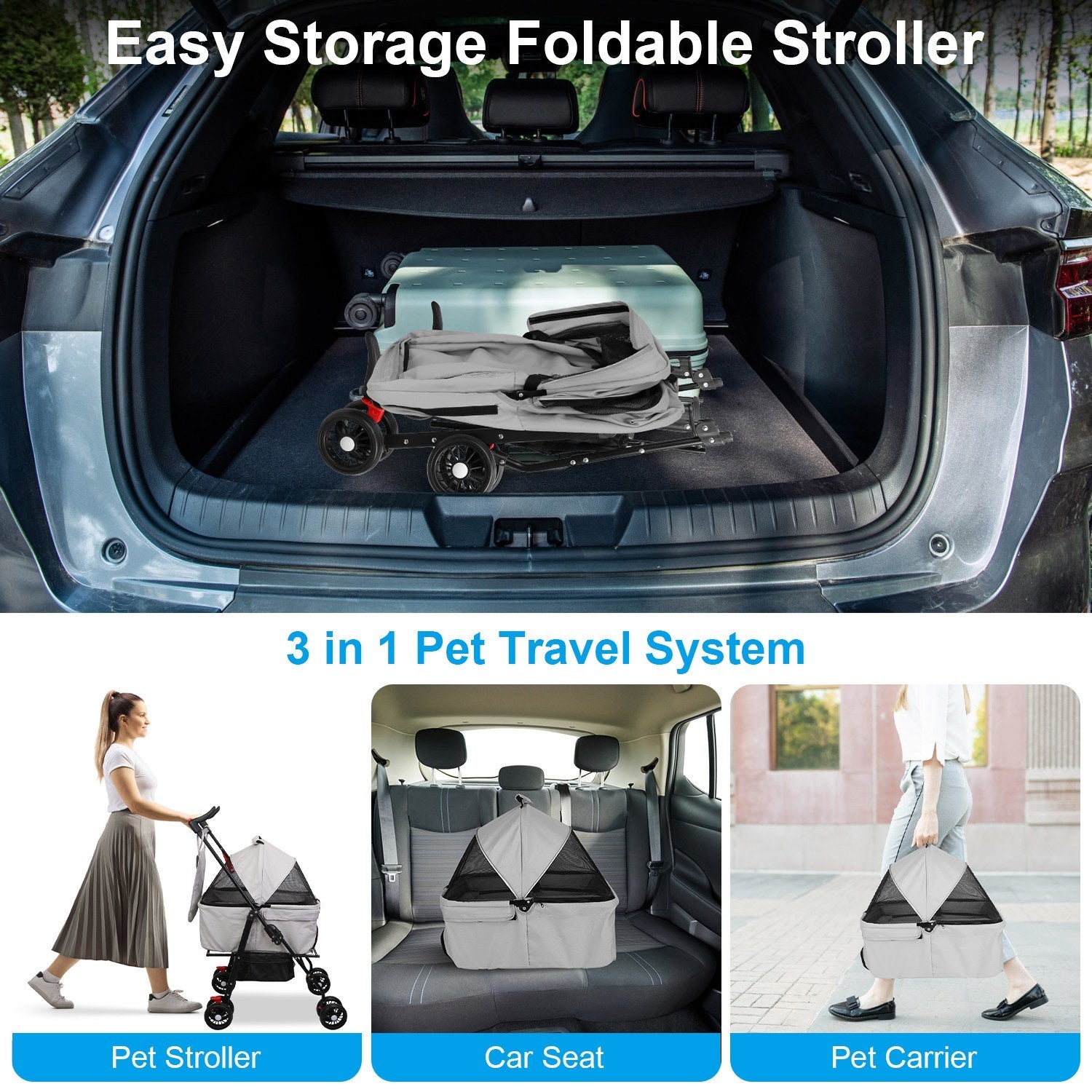 4 Wheels Pet Stroller Foldable Carrier Strolling Cart Travel Jogger Pet Stroller with Removable Liner Storage Basket for Dog Cat Doba