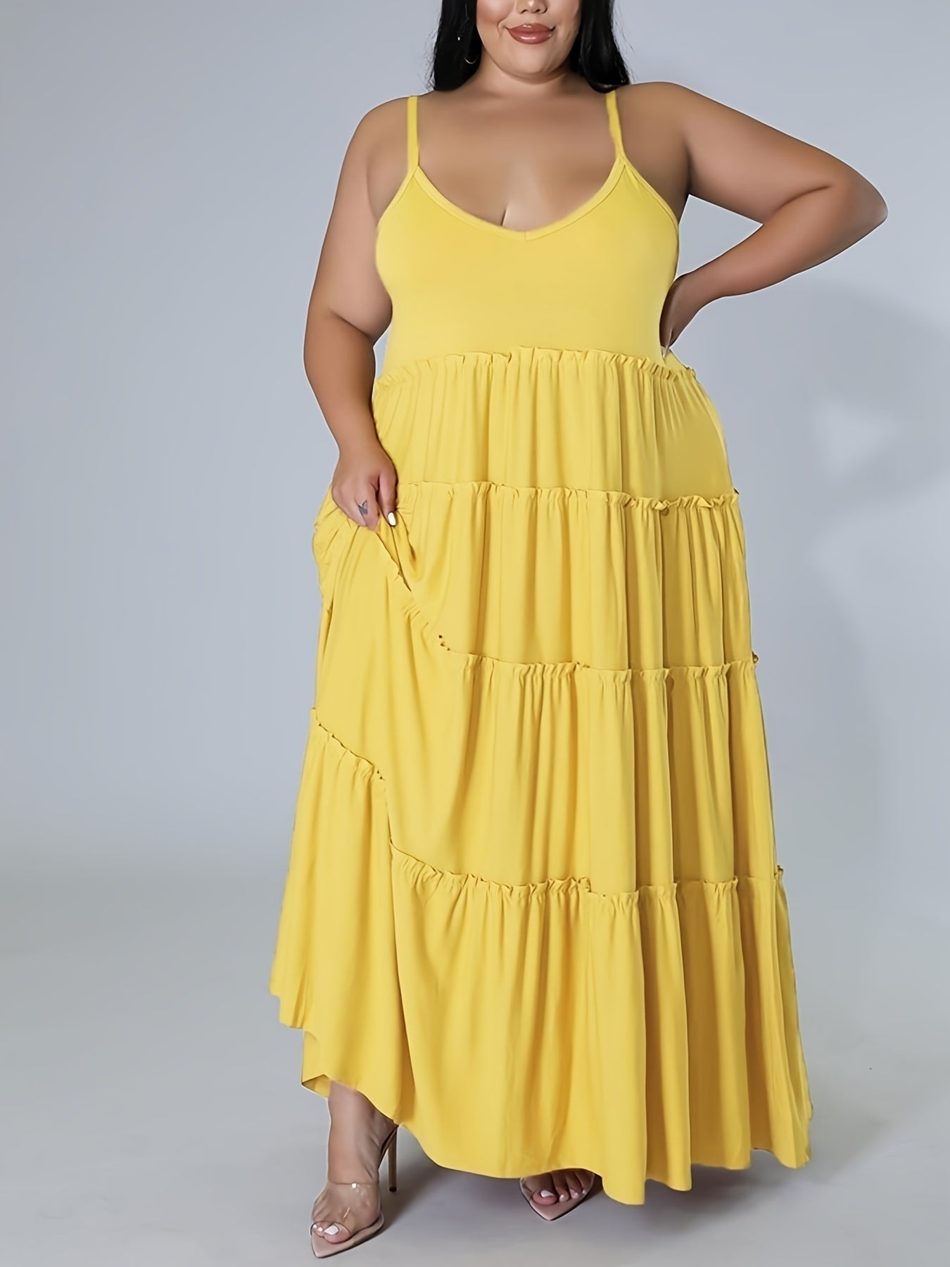 Plus Size Solid Layered Loose Fit Cami Maxi Dress; Women's Plus Sexy High Stretch Long Cami Dress Doba