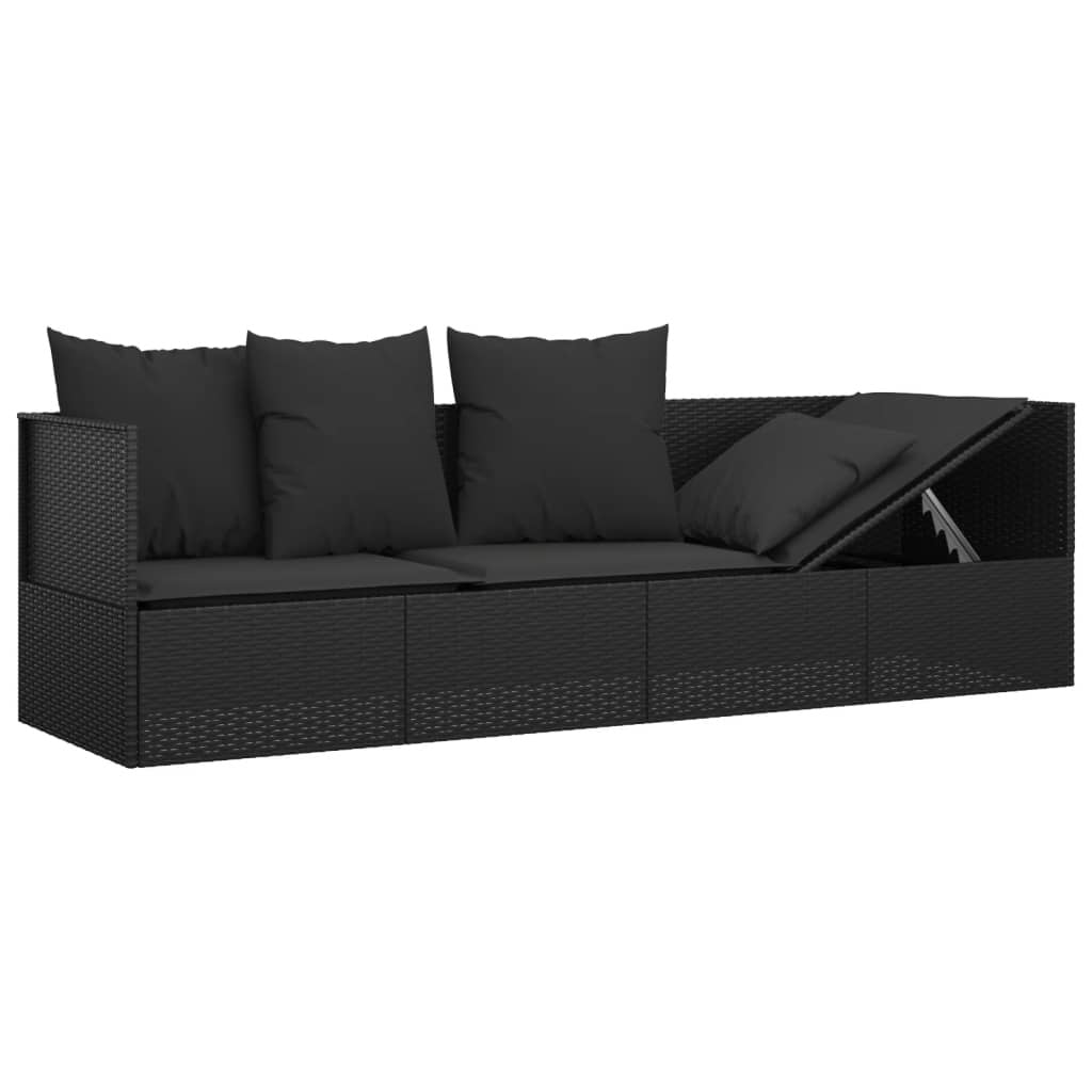 Patio Lounge Bed with Cushions Black Poly Rattan Doba